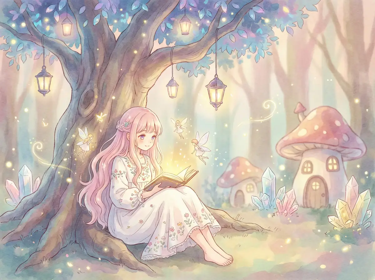 漂流欲室在线 - 魔法森林中阅读故事书的粉发少女与精灵